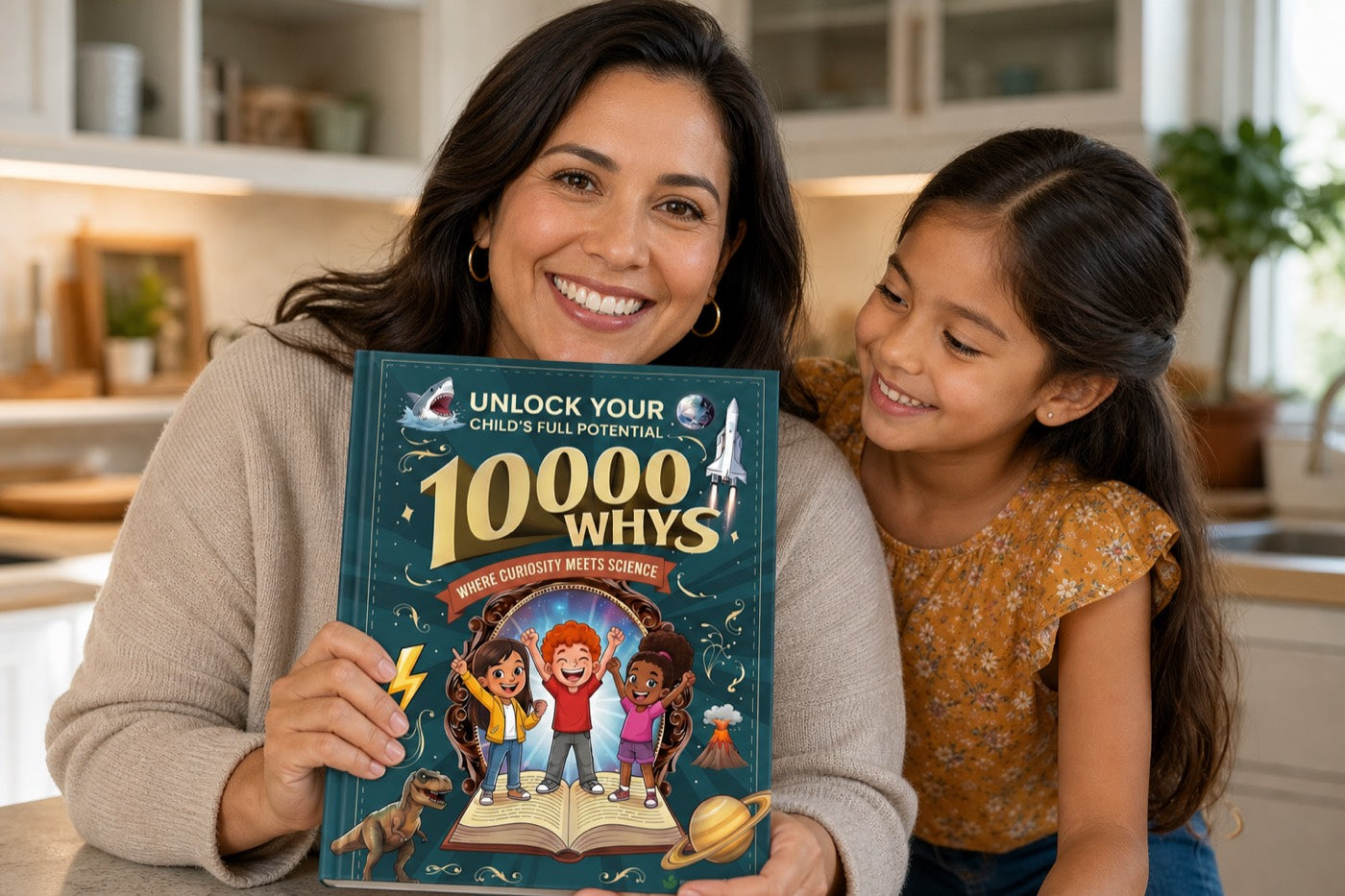 Parent and child with Kid's Encyclopedia 10,000 Whys