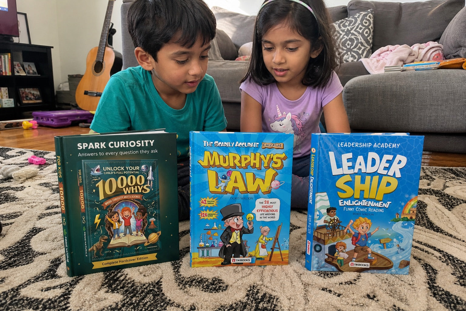 Two kids with the three-book WonderWhy set