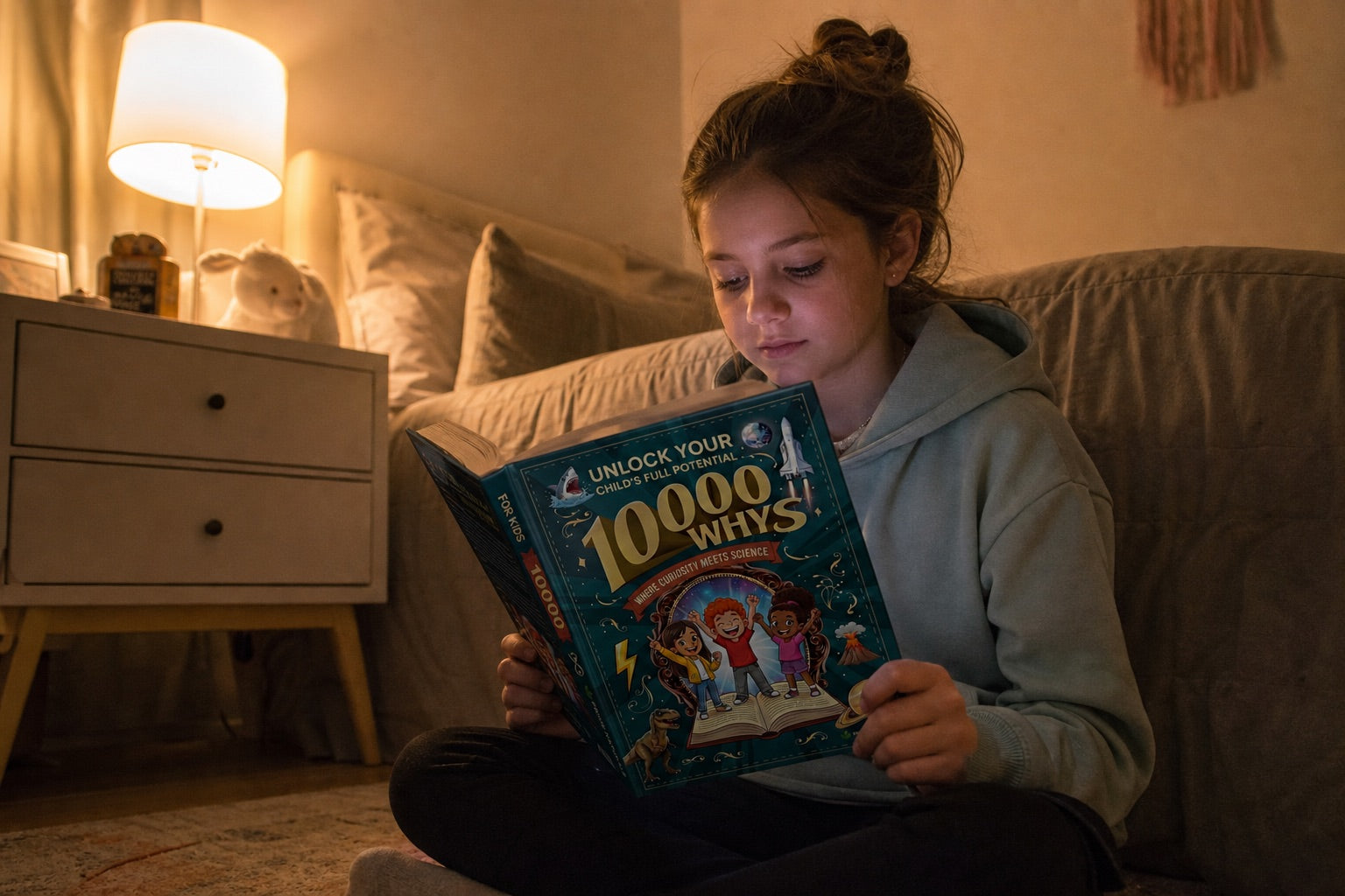 Girl reading 10,000 Whys in bed