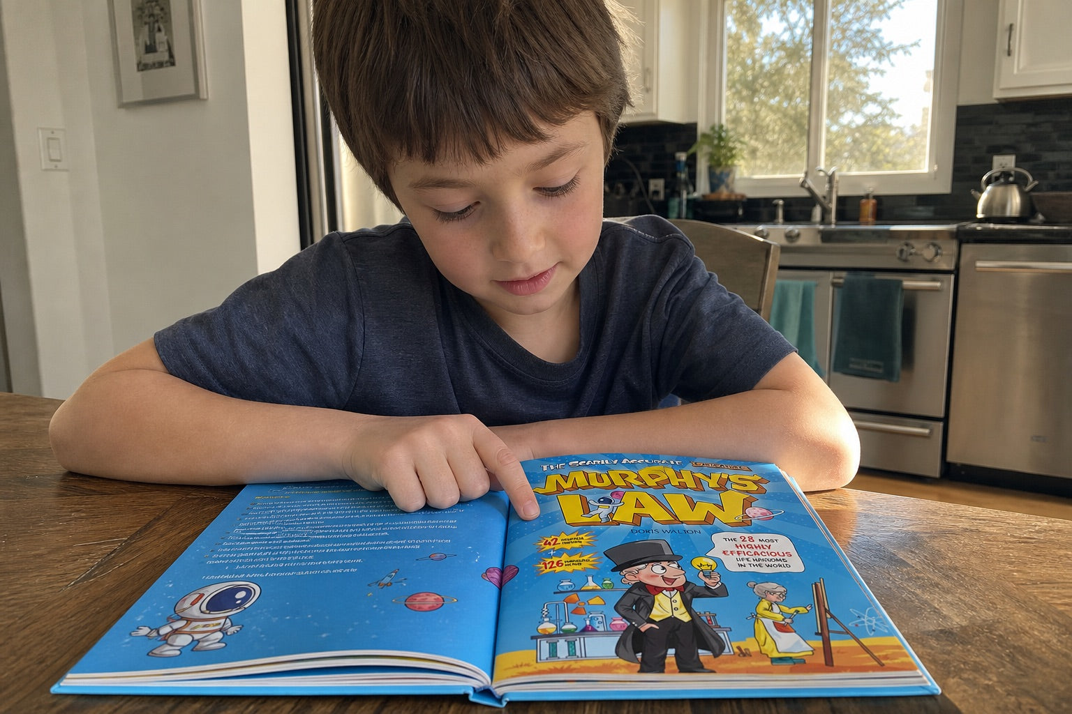 Child reading Murphy’s Law For Kids at the table